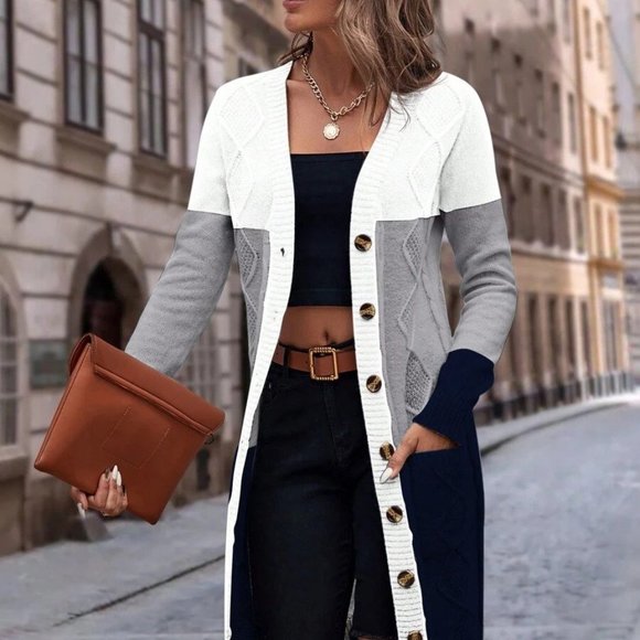 Color Block Dual Pocket Button Front Cardigan - Picture 5 of 6